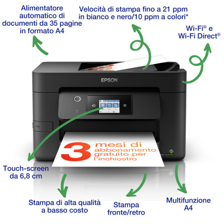 Epson WorkForce Pro WF-3825DWF, stampante multifunzione A4 getto d'inchiostro (stampa, scansione, copia), Display LCD 6.8cm,