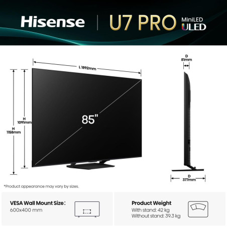 Hisense U7Q PRO Smart TV ULED MiniLED 85" 4K 85U7Q PRO