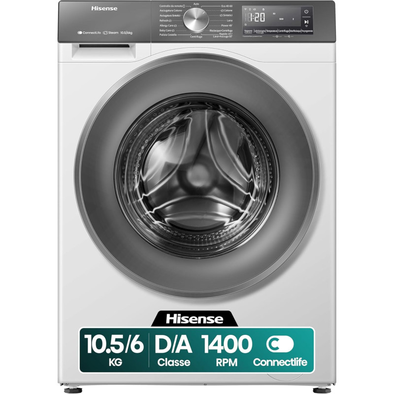 Hisense WD3S1043BW7 Lavasciuga 10,5 + 6 Kg, 1400 Rpm, 19 Programmi Automatici