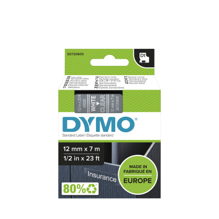 DYMO D1 - Standard Etichette - Bianco su trasparente - 12mm x 7m