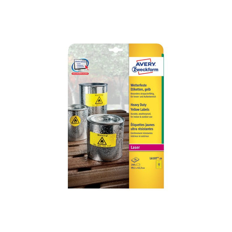 Avery L6107-20 etichetta autoadesiva Rettangolo con angoli arrotondati Permanente Giallo 240 pz