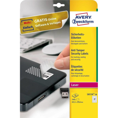 Avery L6114-20 etichetta autoadesiva Rettangolo con angoli arrotondati Permanente Bianco 540 pz