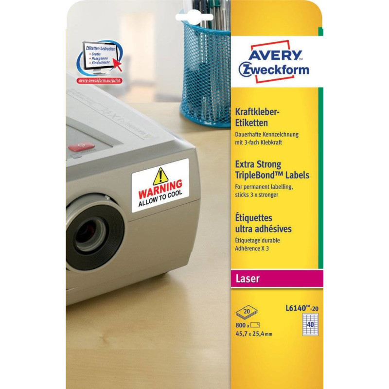 Avery L6140-20 etichetta autoadesiva Rettangolo con angoli arrotondati Permanente Bianco 800 pz
