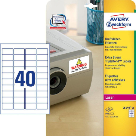 Avery L6140-20 etichetta autoadesiva Rettangolo con angoli arrotondati Permanente Bianco 800 pz