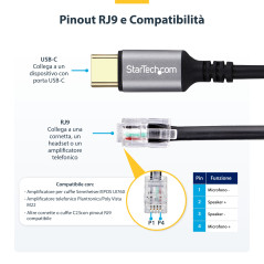 StarTech.com Adattatore da USB-C a RJ9 da 1,8m per telefono fisso o cuffie con cavo wireless, utilizza l'hardware della linea