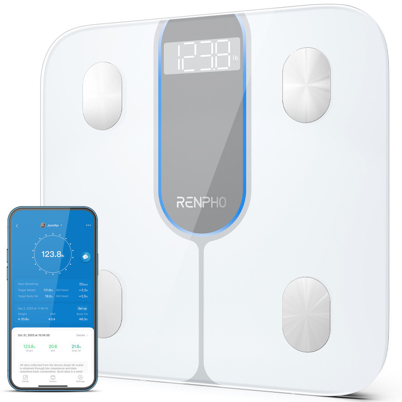 Renpho Elis 1C, Bilancia pesapersone Smart Bluetooth in Vetro Temperato, 13 Metriche Corporee, Display LED e Modalità Bambino