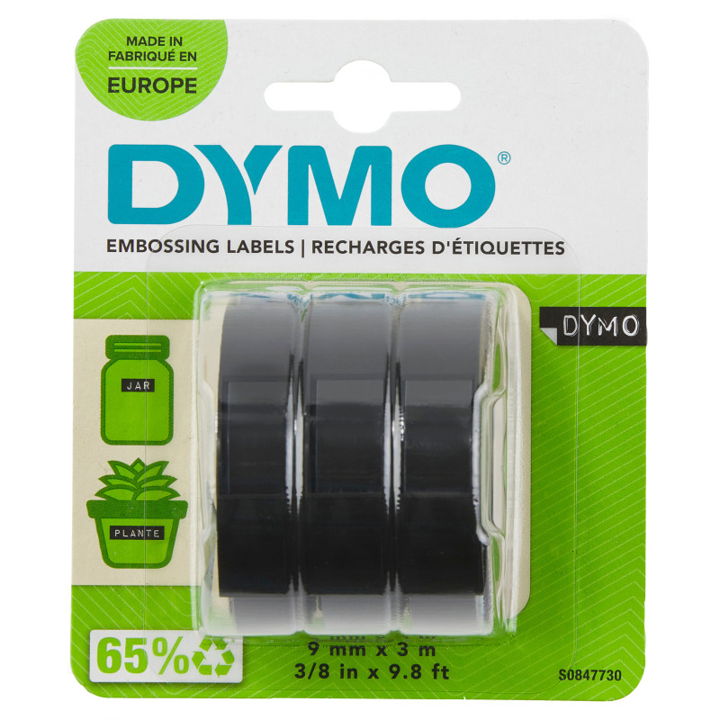 DYMO 3D Nastro Etichette a Rilievo Autoadesive | Rotoli da 9 mm x 3 m | stampa bianca su nero |Per Omega e Junior