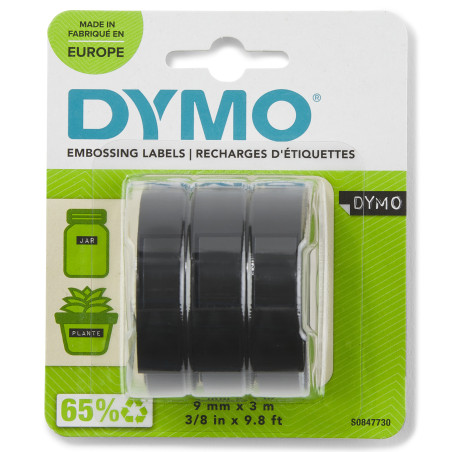 DYMO 3D Nastro Etichette a Rilievo Autoadesive | Rotoli da 9 mm x 3 m | stampa bianca su nero |Per Omega e Junior