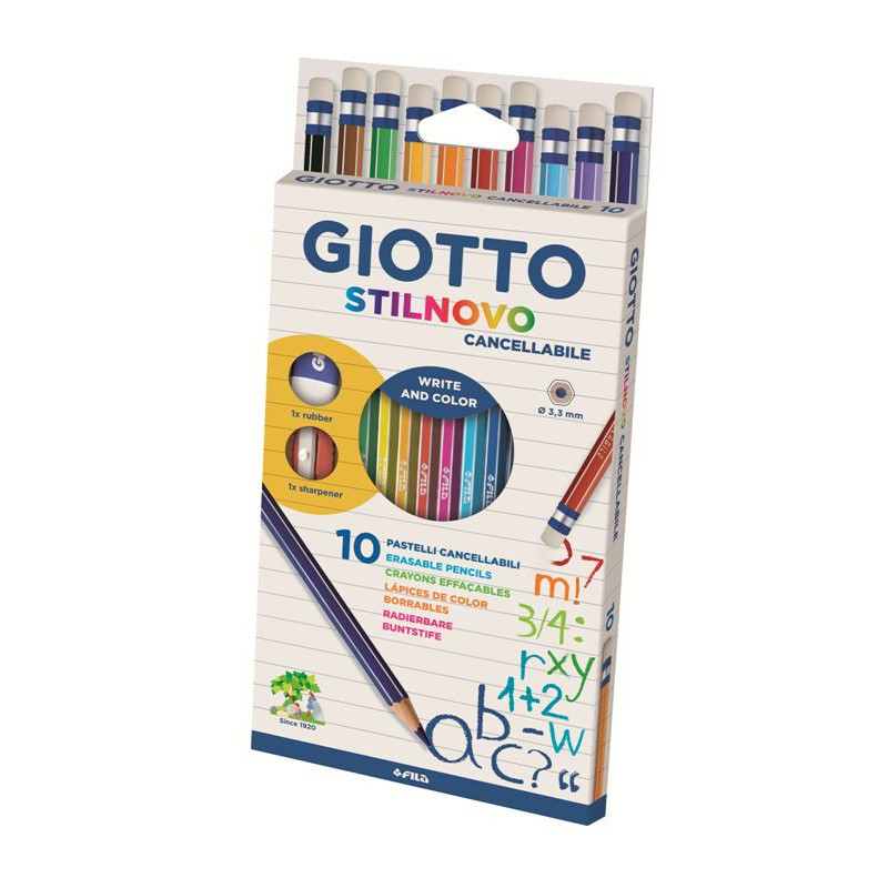 F.I.L.A. Astuccio 10 Giotto Stilnovo Con Gomma Su Cappuccio, Maxigomma E Temperino