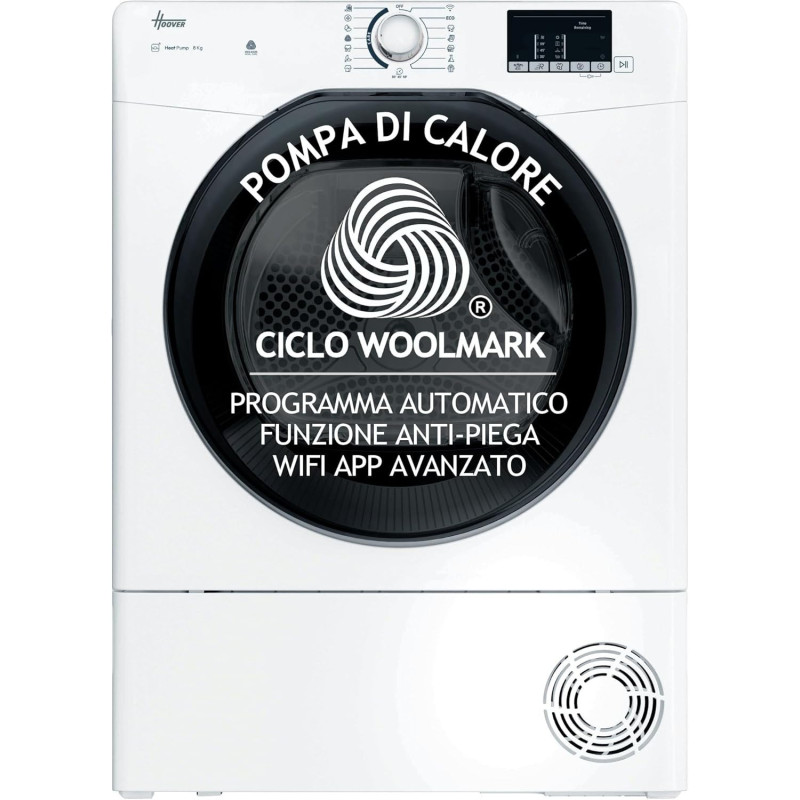 Hoover H-DRY 350 Asciugatrice 8 Kg, Pompa di Calore, Libera Installazione, 85 x 60 x 58,5 cm (AxLxP), Classe D