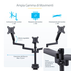 StarTech.com Supporto per tre monitor fino a 27", VESA 75x75 100x100, regolazioni dei bracci senza attrezzi, montaggio con