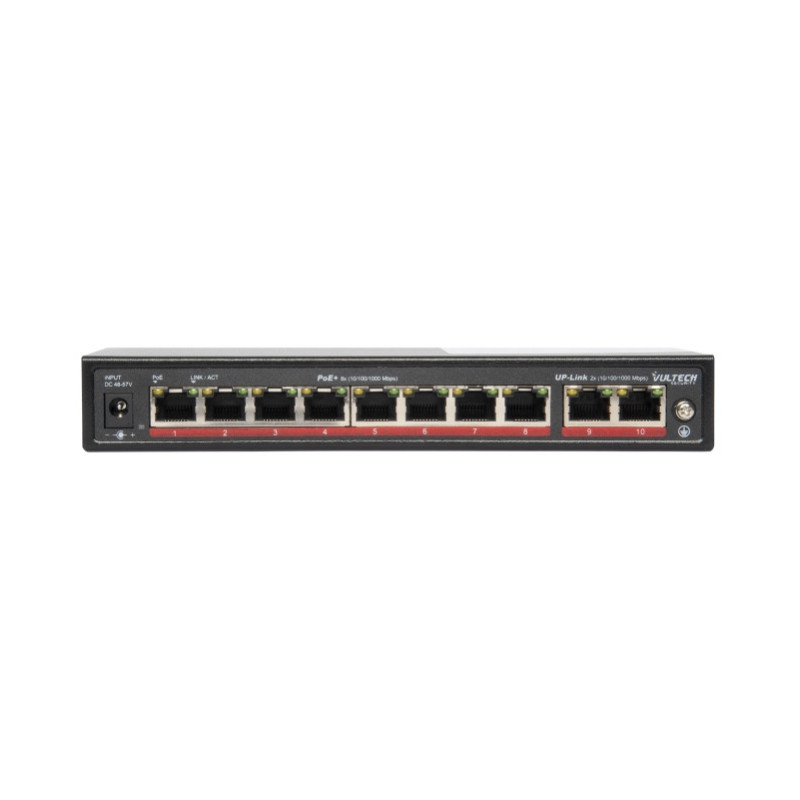 Vultech Security Switch PoE+ Gigabit 8 porte 10/100/1000 GE + 2 porte Uplink 10/100/1000 GE 120W AI SMART Vultech Security Switch PoE+ Gigabit 8 porte 10/100/1000 GE + 2 porte Uplink 10/100/1000 GE 120W AI SMART