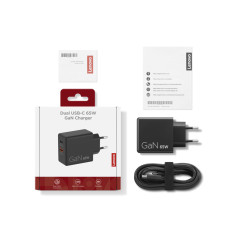 Lenovo Dual USB-C 65W GaN Charger, alimentatore compatto da muro con doppia Type-C, cavo USB-C 1,5 m incluso - ideale per