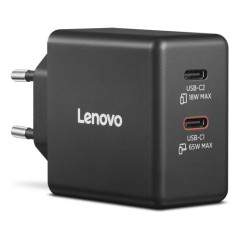 Lenovo Dual USB-C 65W GaN Charger, alimentatore compatto da muro con doppia Type-C, cavo USB-C 1,5 m incluso - ideale per