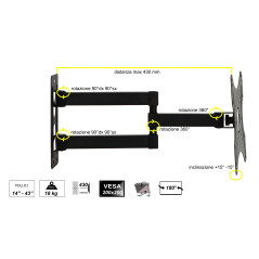 LINK Braccio A Muro Allungabile Con 3 Snodi Per Tv Led Lcd Da 14 A 43" Fino A 18Kg E Vesa 200X200