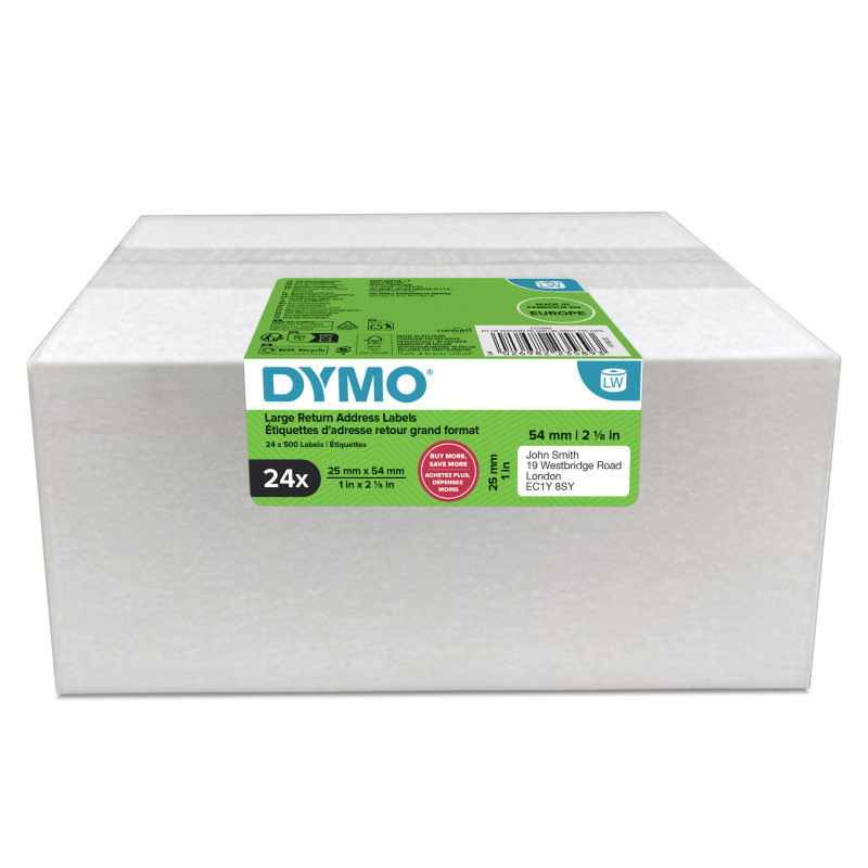 DYMO LW etichette di ritorno originali | 25 mm x 54 mm | 24 rotoli da 500 etichette facili da staccare (12.000 pezzi) | DYMO LW etichette di ritorno originali | 25 mm x 54 mm | 24 rotoli da 500 etichette facili da staccare (12.000 pezzi) |