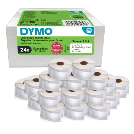 DYMO LW etichette di ritorno originali | 25 mm x 54 mm | 24 rotoli da 500 etichette facili da staccare (12.000 pezzi) |