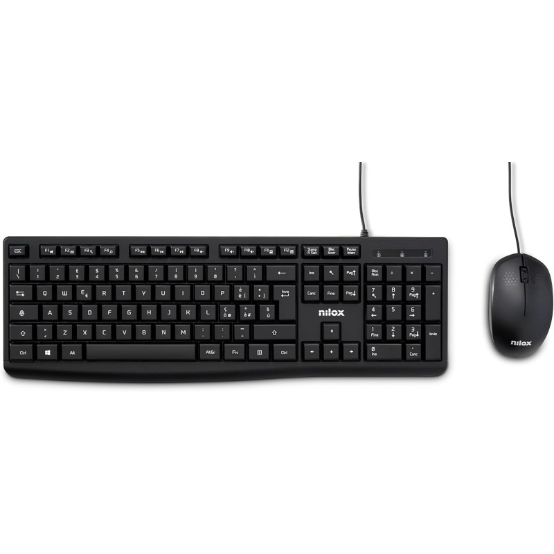 Nilox NXKMIT0012, Kit Tastiera e Mouse USB, Tastiera con Layout Italiano, Mouse con Sensore Ottico da 1200 DPI