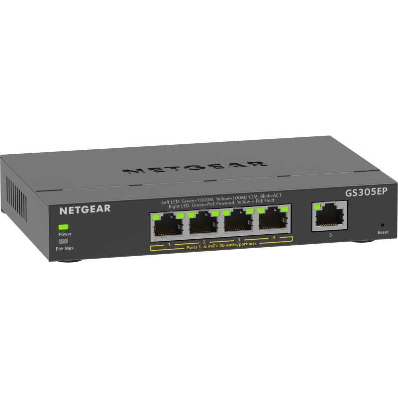 NETGEAR 5-Port Gigabit Ethernet PoE+ Plus Switch (GS305EP) Gestito L2/L3 Gigabit Ethernet (10/100/1000) Supporto GS305EP-100PES NETGEAR 5-Port Gigabit Ethernet PoE+ Plus Switch (GS305EP) Gestito L2/L3 Gigabit Ethernet (10/100/1000) Supporto GS305EP-100PES