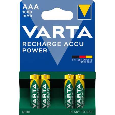 Varta Recharge Accu Power AAA 1000 mAh Blister da 4 (Batteria NiMH Accu Precaricata, Micro, ricaricabile, pronta all'uso)