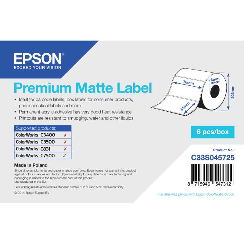 Epson Premium Matte Label - Die-cut Roll: 76mm x 51mm, 2310 labels Epson Premium Matte Label - Die-cut Roll: 76mm x 51mm, 2310 labels