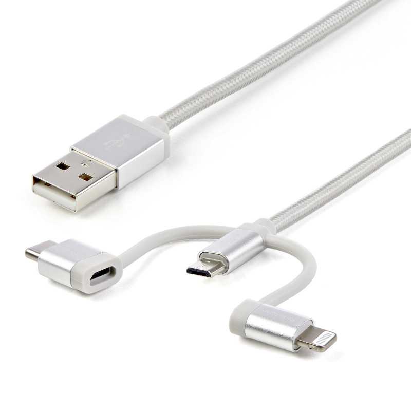 StarTech.com Cavo di ricarica multiplo USB da 1m - Adattatore da USB a Micro-USB o USB-C o Lightning per iPhone / iPad LTCUB1MGR
