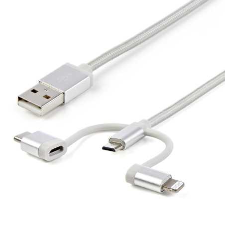 StarTech.com Cavo di ricarica multiplo USB da 1m - Adattatore da USB a Micro-USB o USB-C o Lightning per iPhone / iPad LTCUB1MGR