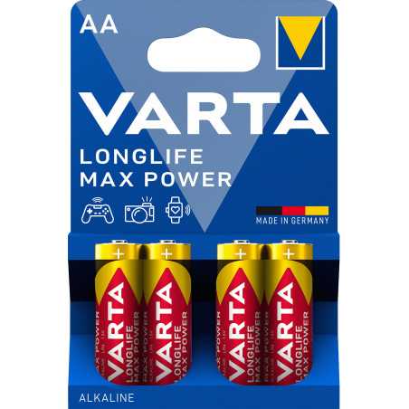 Varta Longlife Max Power, Batteria Alcalina, AA, Mignon, LR6, 1.5V, Blister da 4, Made in Germany