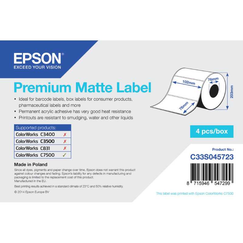 Epson Premium Matte Label - Die-cut Roll: 102mm x 76mm, 1570 labels Epson Premium Matte Label - Die-cut Roll: 102mm x 76mm, 1570 labels